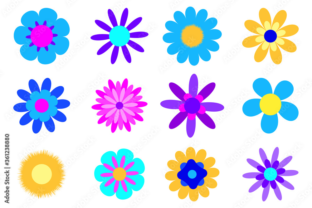 Stock Vector Graphics spring flowers. Graphic set of multi-colored flowers of different shapes. Stock Photo. Stock Vector Graphics spring flowers. Graphic set of multi-colored flowers of different shapes. Stock Photo.