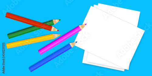 Colored pencils and paper. Vector icon. School krayon without an eraser. Office tools. Stock Photo.