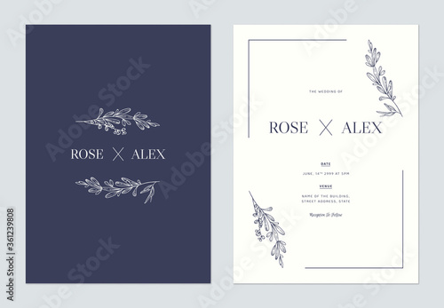 Minimalist floral wedding invitation card template design, floral line art ink drawing on blue and bright grey