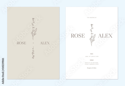 Minimalist floral wedding invitation card template design, floral line art ink drawing on bright brown and white
