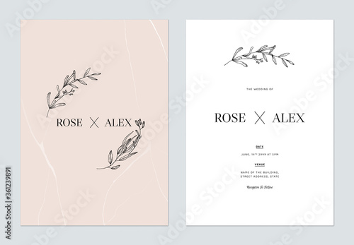 Minimalist floral wedding invitation card template design, floral line art ink drawing on bright orange and white © momosama