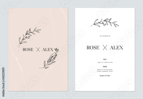 Minimalist floral wedding invitation card template design, floral line art in...