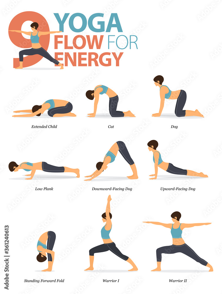 9 Yoga poses for workout in yoga flow for energy concept. Woman exercising  for body stretching. Yoga posture or asana for fitness infographic. Flat  cartoon vector. Stock Vector