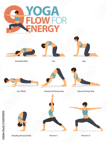 9 Yoga poses for workout in yoga flow for energy concept. Woman exercising for body stretching. Yoga posture or asana for fitness infographic. Flat cartoon vector.