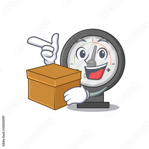 A smiling pressure gauge cartoon mascot style having a box