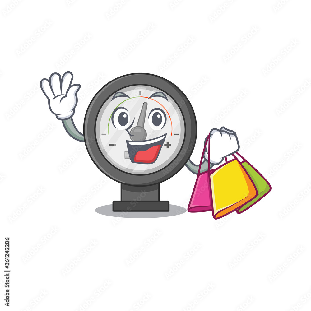 Pressure gauge wealthy cartoon character concept with shopping bags Pressure gauge wealthy cartoon character concept with shopping bags