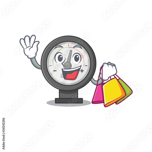 Pressure gauge wealthy cartoon character concept with shopping bags