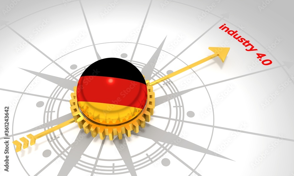 Industry four point zero. 3D rendering. Abstract compass points to the word. Flag of the Germany Industry four point zero. 3D rendering. Abstract compass points to the word. Flag of the Germany