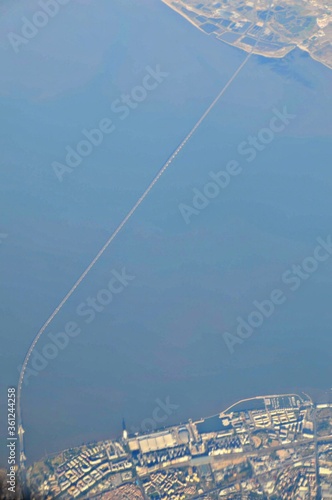 aerial view of the the Vasco de Gama bridge , Tage estuary, Lisbon , Portugal 