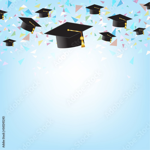 Education concept with graduation caps on background.