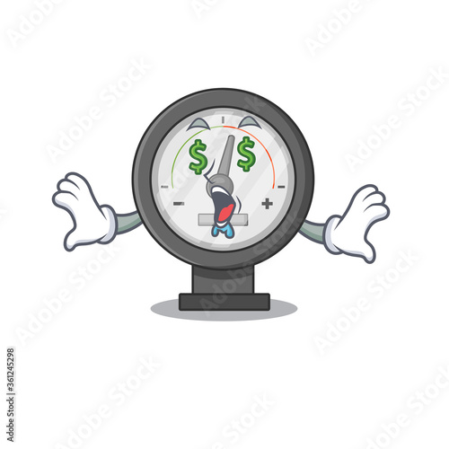 happy rich cartoon concept of pressure gauge with money eyes