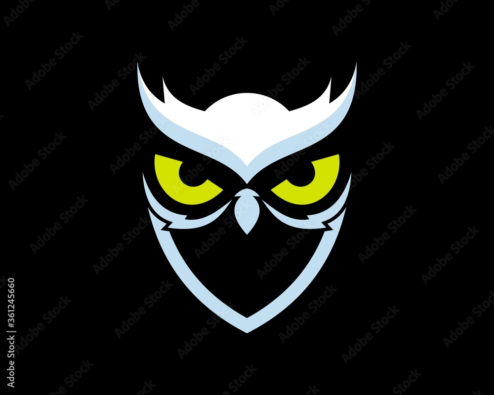 Owl head and yellow eyes with shield shape
