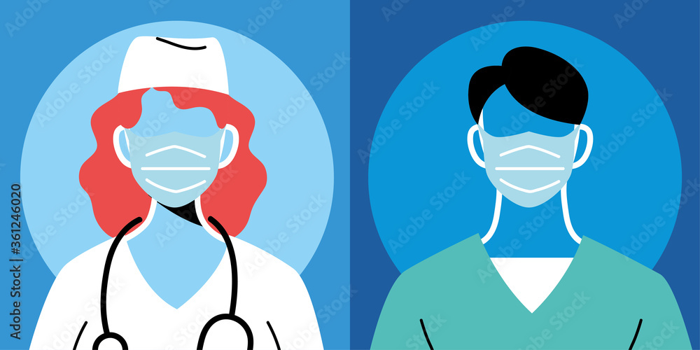 Female and male doctor with mask and uniform vector design
