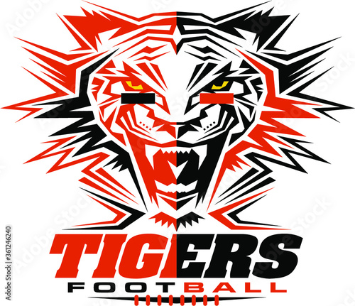 tribal tigers football team design with mascot and laces for school, college or league