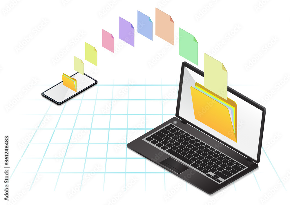 Isometric smartphone with folder on screen and file transferred to laptop. Isometric smartphone with folder on screen and file transferred to laptop.