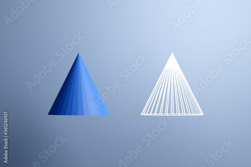 3d illustration of a blue triangle, consisting of a large number of polygons and next to a transparent form of white lines. Futuristic origami, abstract modeling. 