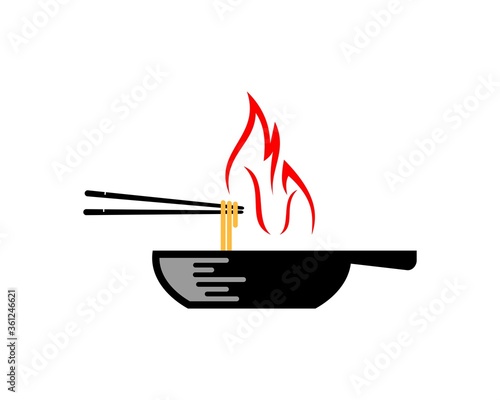 Frying pan with chopsticks and fire
