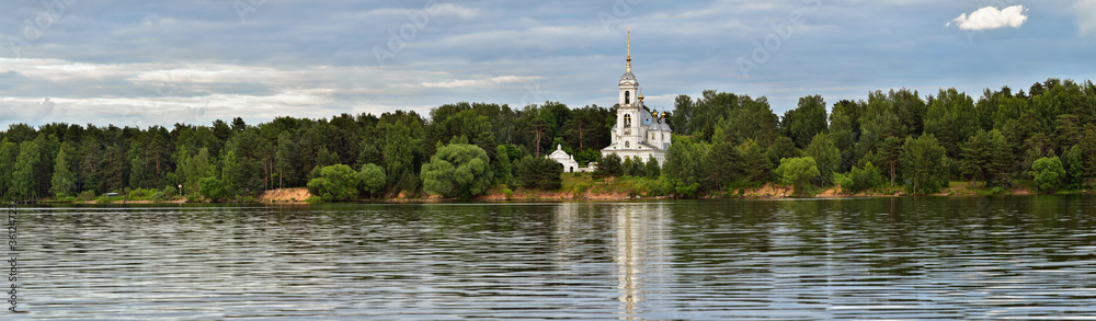Panoramic Landscape with River, Forest and Orthodox Temple on the far Bank
