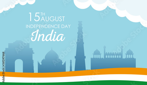 landmarks places with flag of india independence day vector design