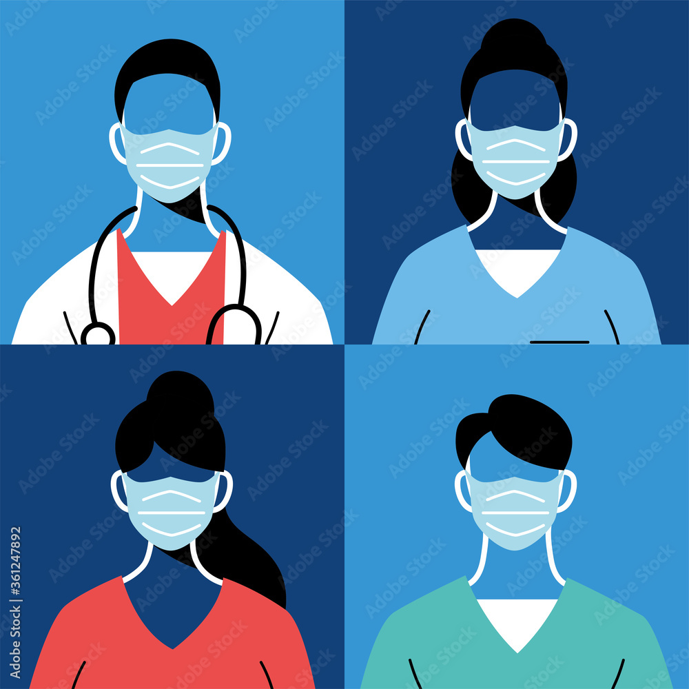 Female and male doctors with masks and uniforms vector design
