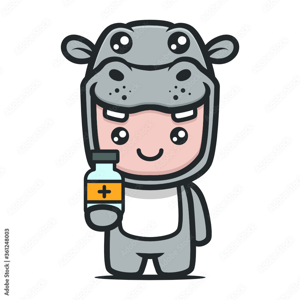 Cute hippo mascot with medical-related theme design illustrat