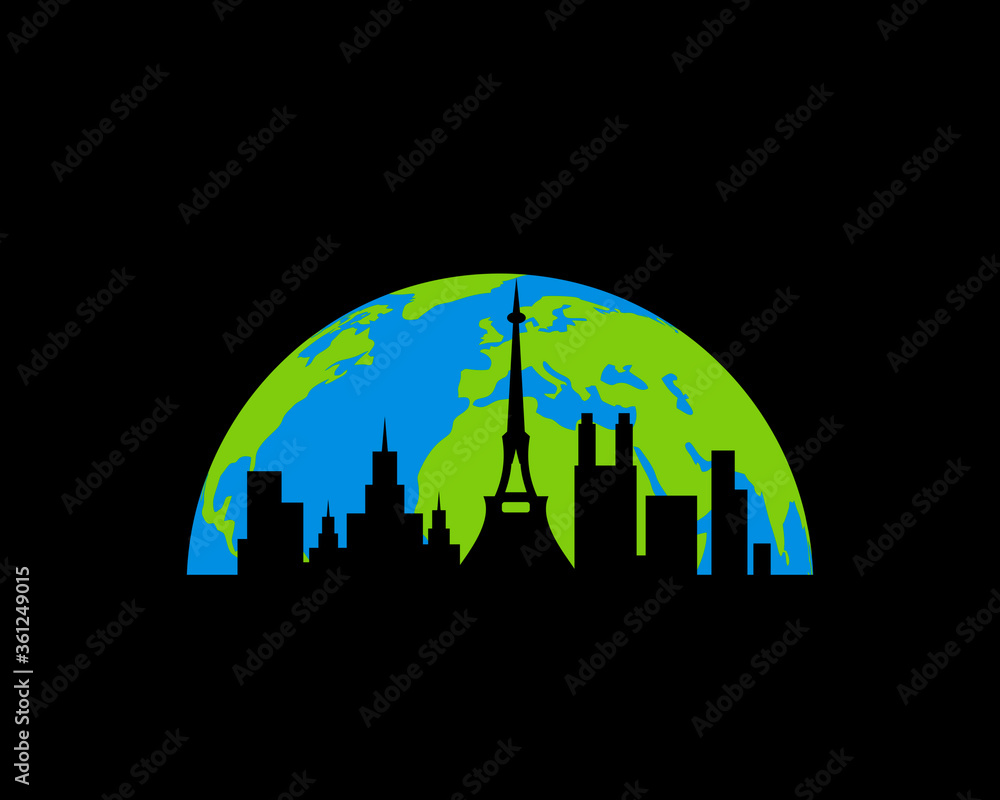 Globe earth with city silhouette inside