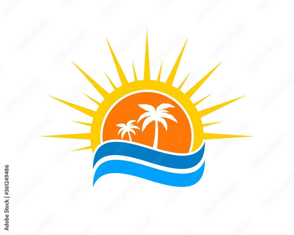 Sunset with wave and palm tree inside Sunset with wave and palm tree inside