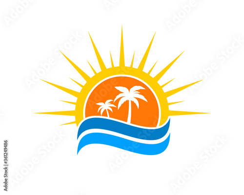 Sunset with wave and palm tree inside