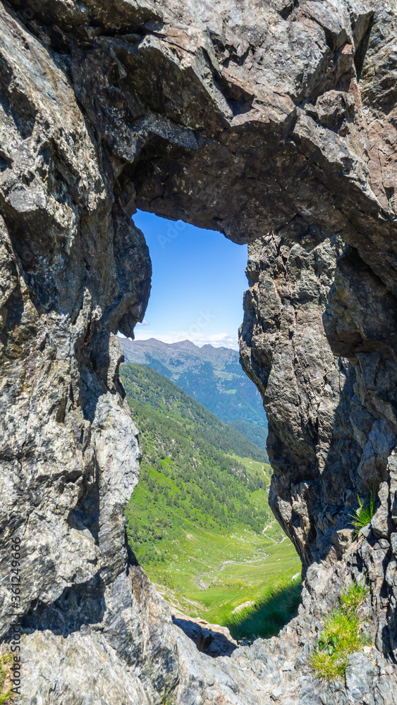 Trenches of the First World War at the Italian Alps. Cadorna line. San Marco Pass, Bergamo. Openings in the rock overlooking the Alps towards the Swiss border Trenches of the First World War at the Italian Alps. Cadorna line. San Marco Pass, Bergamo. Openings in the rock overlooking the Alps towards the Swiss border