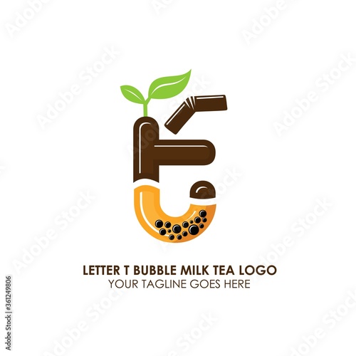 Bubble Tea Cup Drink or Milk Cocktail Logo with Initial T. Glass of Drink with Tubule and Straw. Pearl Milk Tea Label. Popular Asian Drink. Can be used for Café and Restaurant Logo. Boba. Taiwan Drink