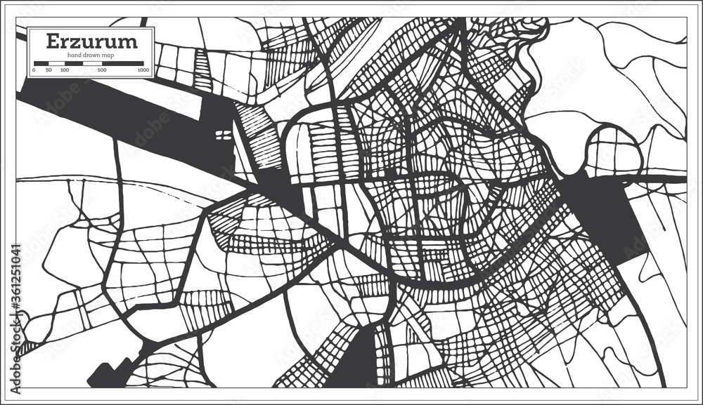 Erzurum Turkey City Map in Black and White Color in Retro Style. Outline Map.