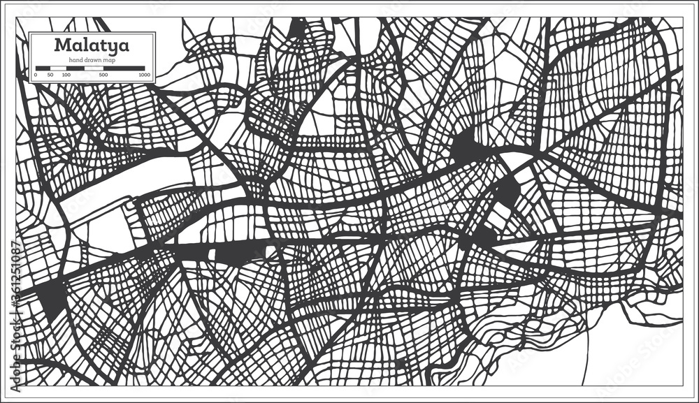 Malatya Turkey City Map in Black and White Color in Retro Style. Outline Map.