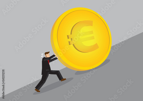 Businessman Pushing Golden Euro Coin Uphill Cartoon Vector Illustration