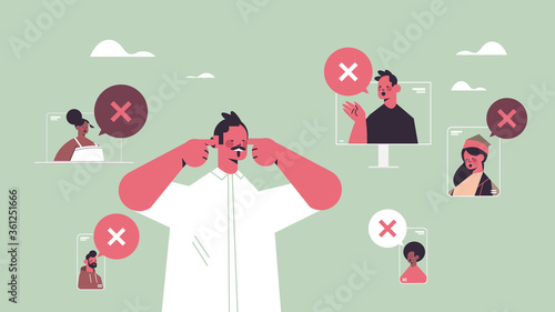 man closing ears suffering from noise keep quiet silent concept chat bubble with cross sign quiet zone horizontal portrait vector illustration
