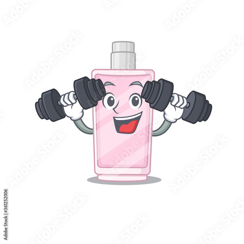 Muscular perfume mascot design with barbells during exercise