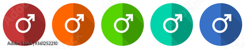 Male icon set, red, blue, green and orange flat design web buttons isolated on white background, vector illustration