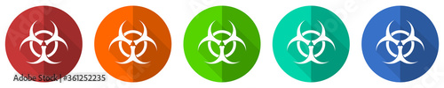 Biohazard icon set, red, blue, green and orange flat design web buttons isolated on white background, vector illustration
