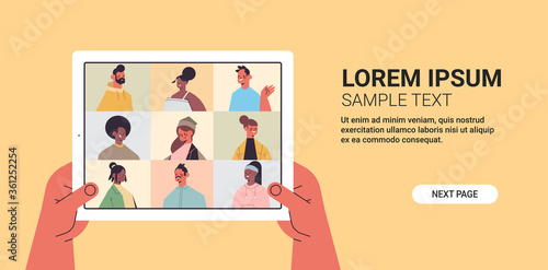 human hands using tablet pc chatting with mix race friends during video call people having virtual live conference communication self isolation concept horizontal copy space vector illustration