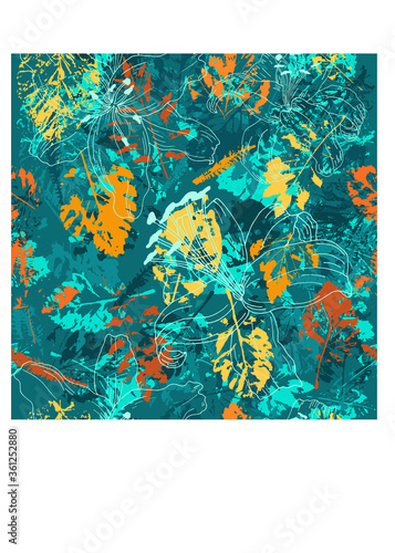 Abstract seamless pattern with bright tropical leaves and plants