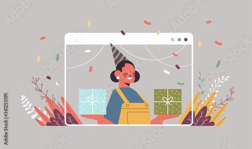 woman in funny festive hat celebrating online birthday party girl in computer window holding gift boxes celebration self isolation quarantine concept portrait horizontal vector illustration