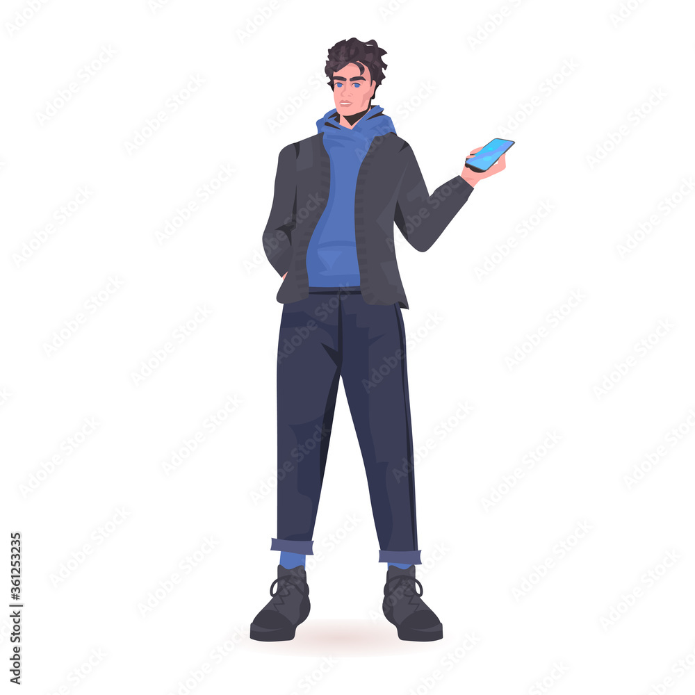 man using smartphone guy model in trendy clothes male cartoon character standing pose full length isolated vector illustration man using smartphone guy model in trendy clothes male cartoon character standing pose full length isolated vector illustration