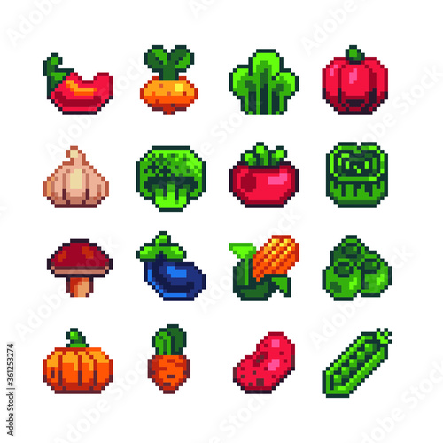 Vegetables icons set, pixel art, pepper, chili, pumpkin, broccoli, garlic, cabbage, eggplant, corn, and radish. Design for logo, sticker and mobile app. Isolated vector illustration.