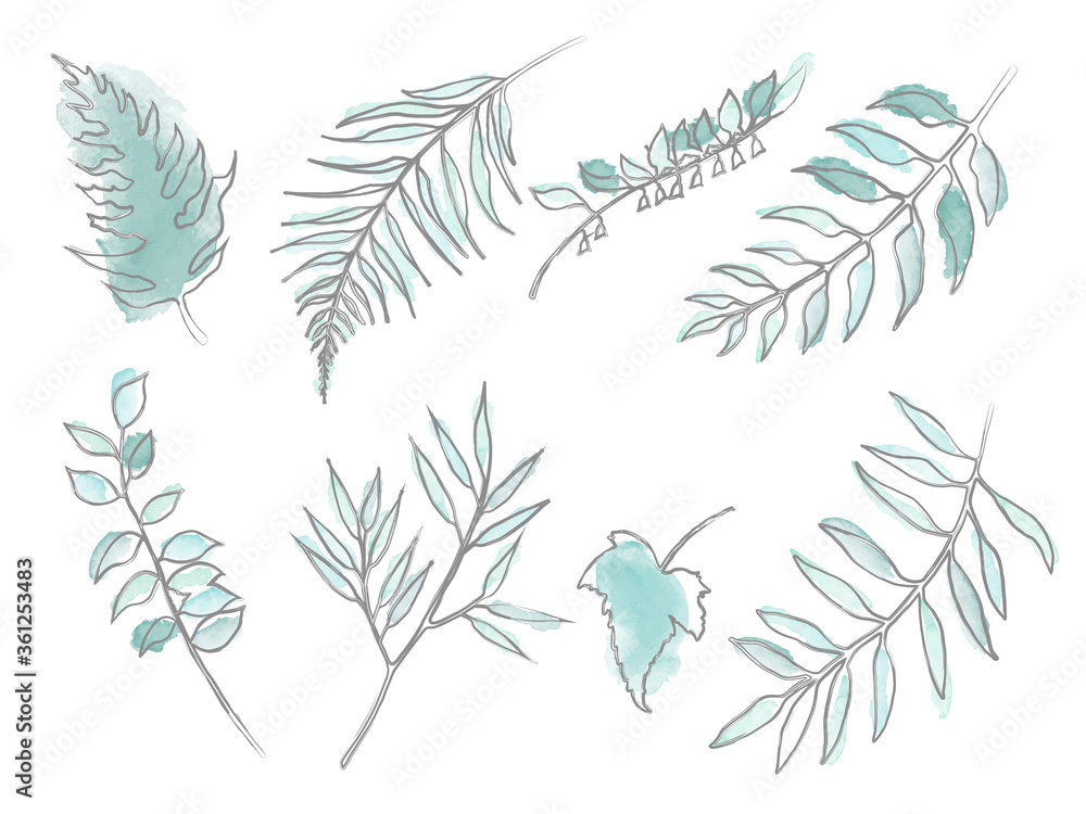 Fototapeta premium Watercolor leaf set. Different leaves and branches in green and blue palette