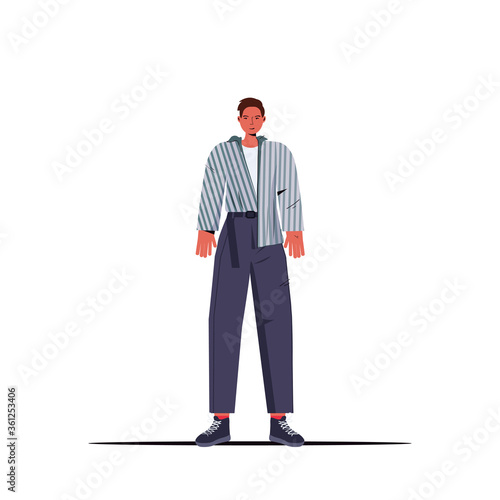 young man in casual trendy clothes male cartoon character standing pose full length vector illustration