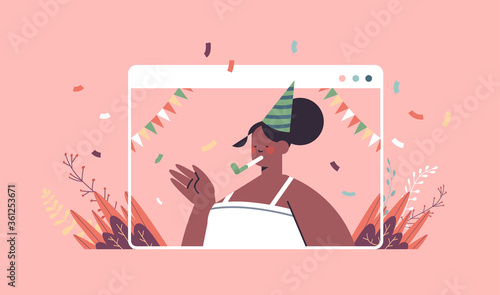 happy woman in festive hat celebrating online birthday party african american girl in computer window celebration self isolation quarantine concept portrait horizontal vector illustration