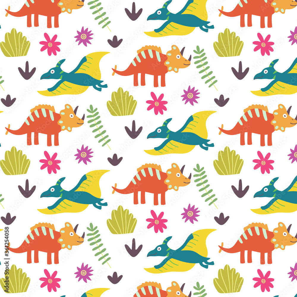 Summer tropical leaf dinosaurs seamless pattern
