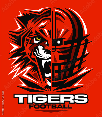 tigers football team design with half mascot and facemask for school, college or league
