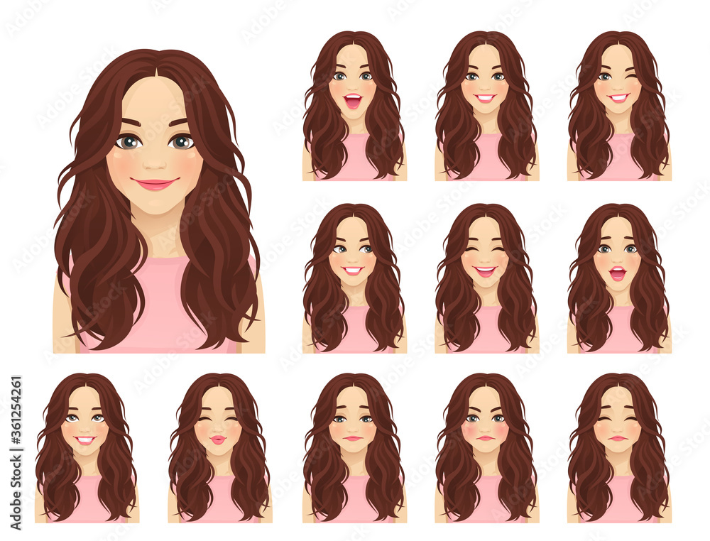Young beautiful woman with different facial expressions set isolated vector illustration Young beautiful woman with different facial expressions set isolated vector illustration