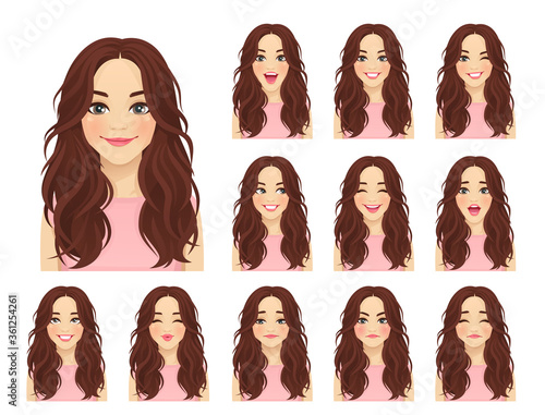 Young beautiful woman with different facial expressions set isolated vector illustration