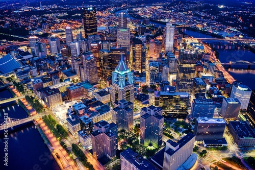 Aerial shot of the night Pittsburgh cityscape in Pennsylvania